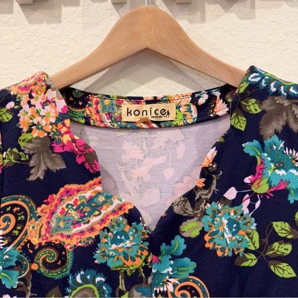 Konice Black Floral Print Long Sleeve Bodycon Mini Dress Size S Preowned - Picture 3 of 5